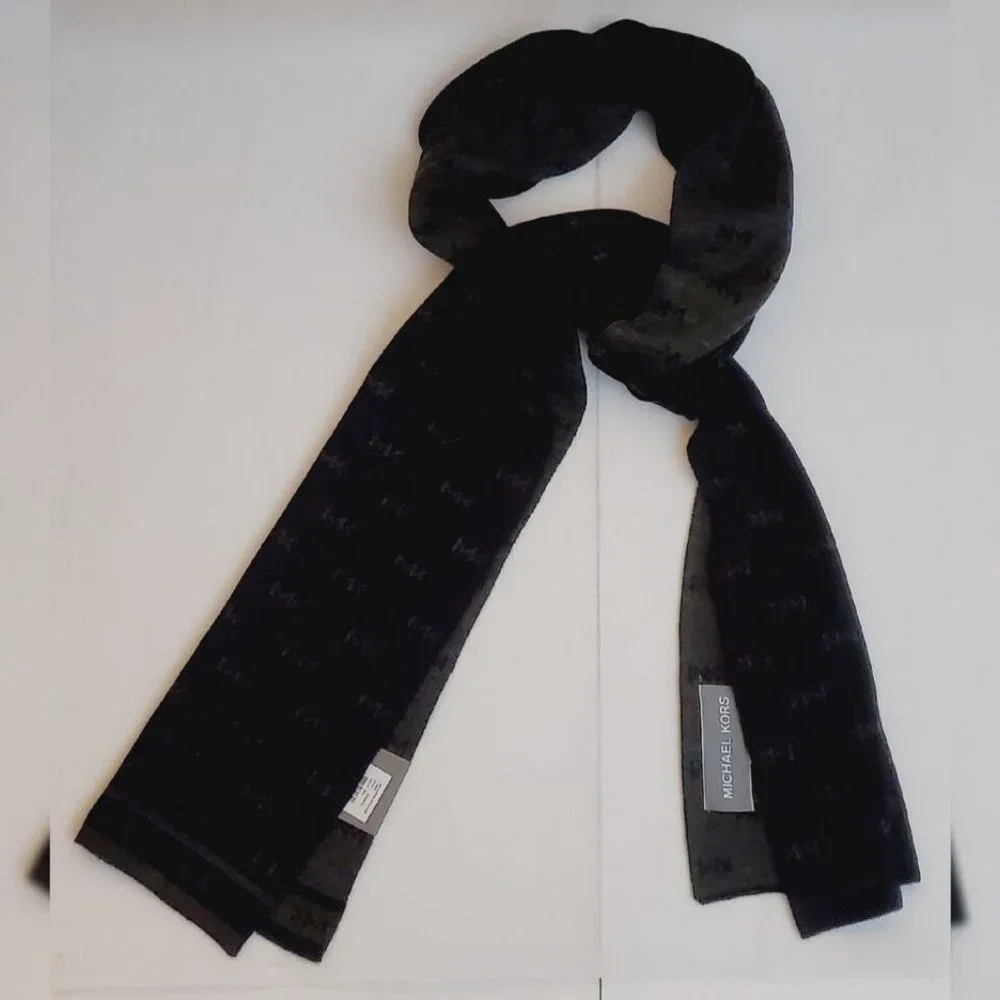 MICHAEL KORS REVERSIBLE SCARF MEN'S ALL-OVER PRINT MK LOGO BLACK/GREY